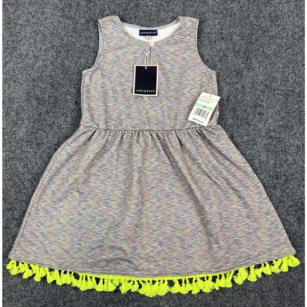 Andy & Evan Girls Sleeveless Knit Tassel Trim Dress Multicolor Neon Fringe NWT 5
